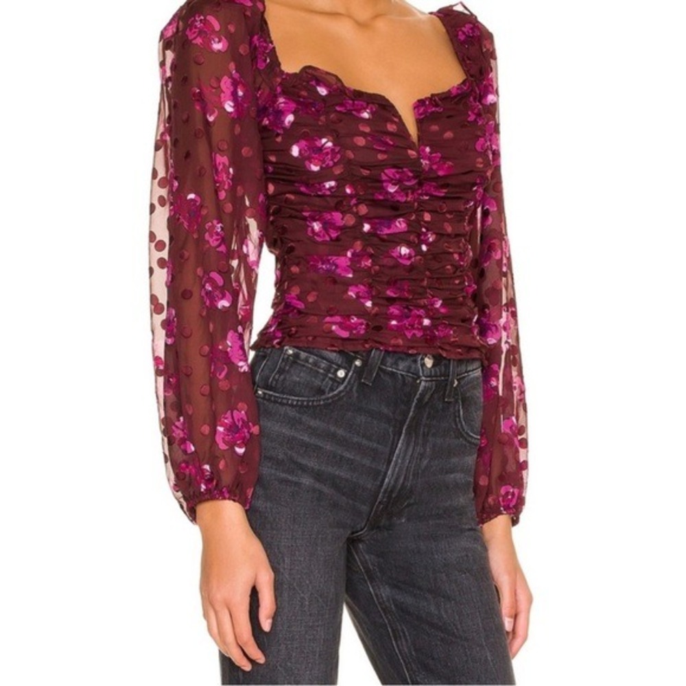 ASTR the Label Fuchsia Burnout Floral Ruched Top Burgundy Pink ACT16903 Medium